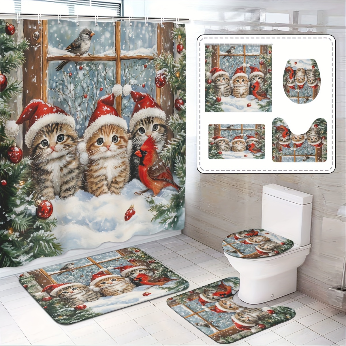 

Winter Holiday Cat And Red Bird Bath Ensemble With Knitted Snowflake Pattern - Polyester Home Decor Set Featuring Stain-resistant Cat-themed Mat And Accessories With Eyelet For Christmas Decoration