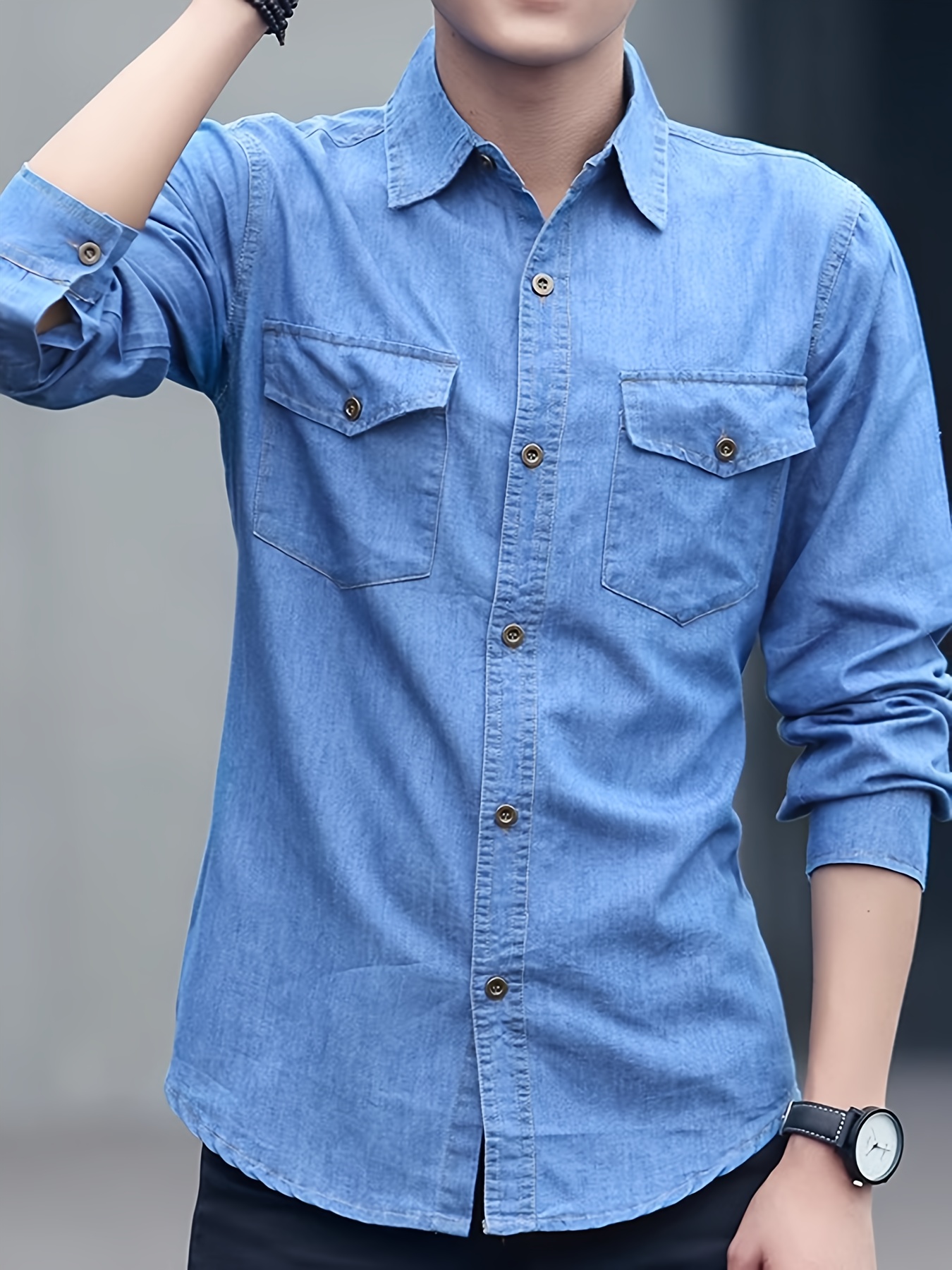 Korean Style Men's Long Sleeve Thin Fit Casual Denim Shirt for Spring and Autumn, Workwear Jacket