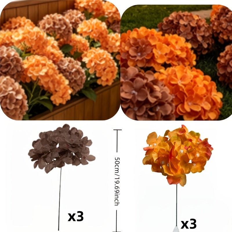 TEMU 6 stuks Oranje en Bruine Hortensia Bloemcombinatie, Herfst Kunstbloemen, Geschikt voor Huisdecoratie, Halloween Tafelstukken, Nep Kunststof