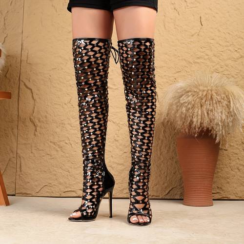 womens european fashion elegant high heel sandals 12cm stiletto heel round toe zipper closure pu synthetic cover upper lining versatile for casual formal events sandals intricate lattice design synthetic cover sandals chunky heel sandals