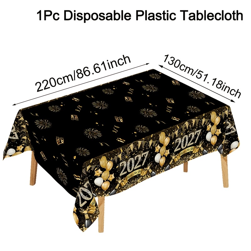 TEMU 1pc 2027 Happy New Year Plastic Tablecover, Glitter Diamond Black Pattern, 130x220cm Disposable Rectangle Tablecloth, Happy New Year Decorations