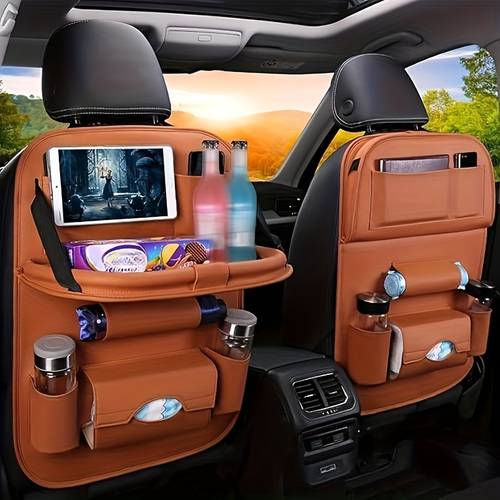 2pcs car rides with this all in one back seat organizer foldable table tray kick mats tissue box cup holder umbrella holder laptop table car eating tray