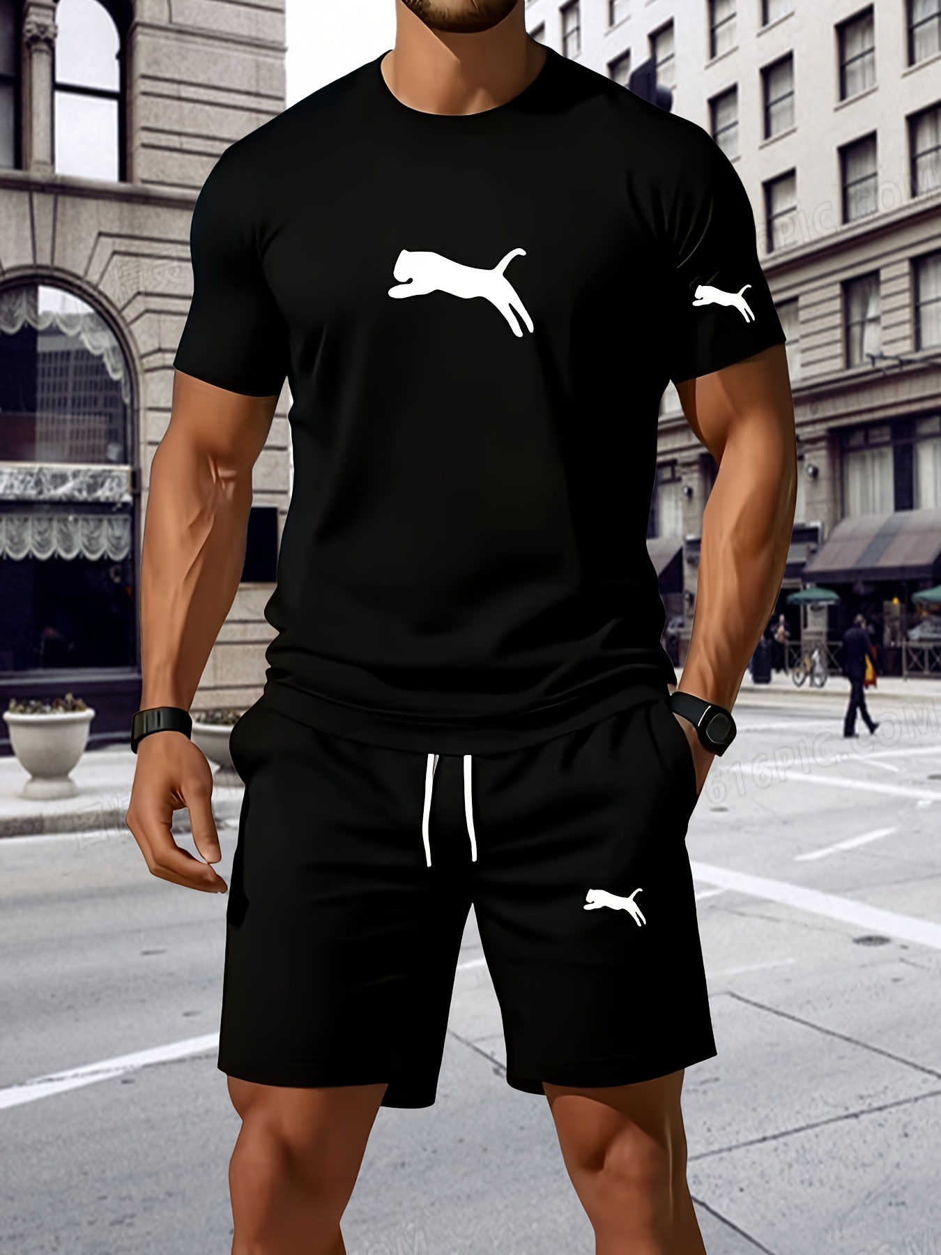 Conjunto moderno y cómodo de manga corta para hombre 2025, camiseta holgada de cuello redondo con estampado + pantalones cortos deportivos con cordón, conjunto de dos piezas