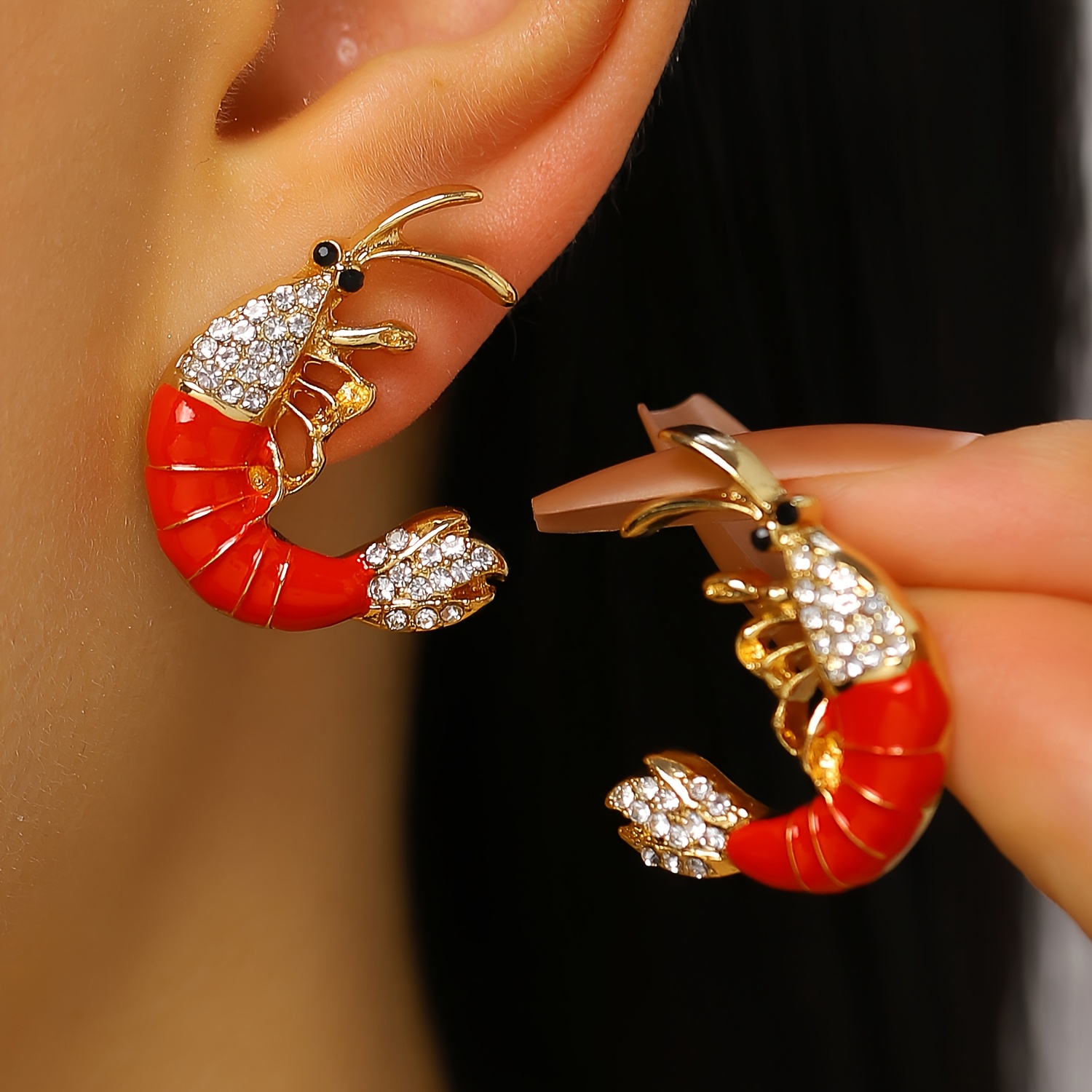 TEMU A Pair Of Vintage-style Fashionable And Creative Enamel-drip Cartoon Lobster-shaped Stud Earrings With Inlaid Synthetic Synthetic Zirconia,