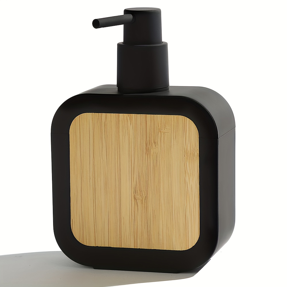 

1pc Black Square Soap Dispenser With Bamboo Accent, Durable Plastic Pump Bottle For Bathroom & Kitchen, Lotion Liquid Shower Gel Dispenser