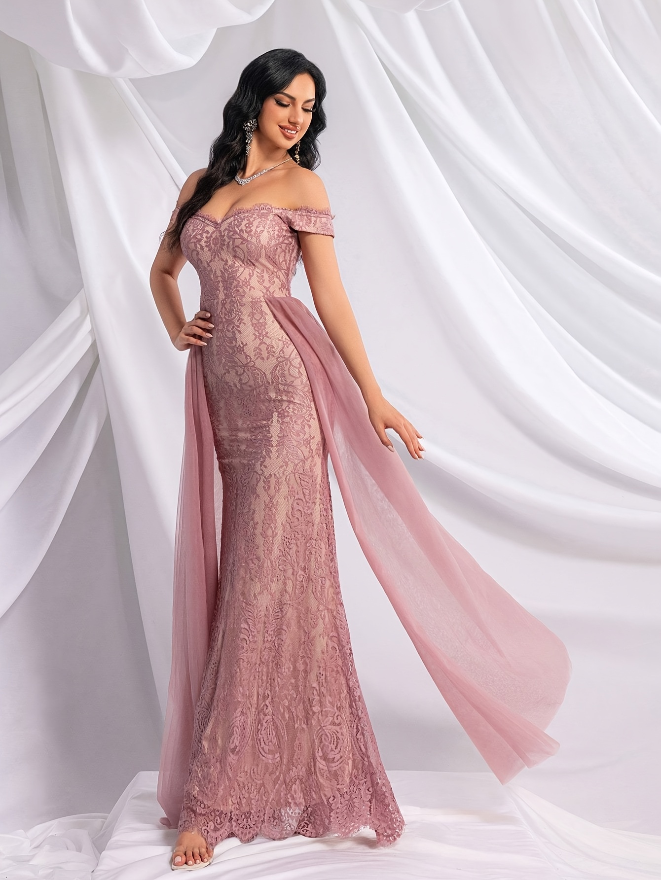 elegant shoulder lace gown women solid color sheer mesh - Temu United Arab  Emirates