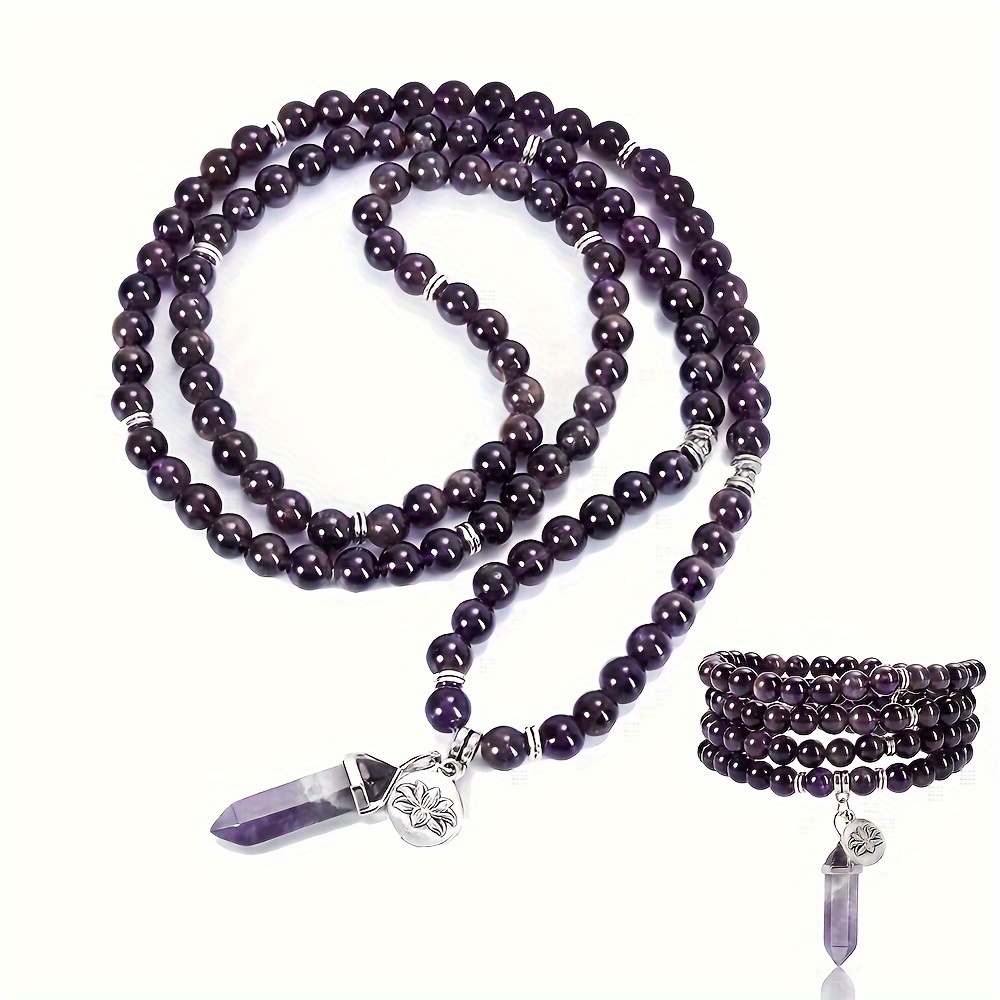 

108 Beads Bracelet 8mm Natural Amethyst Rose Quartz Crystal Stone Bead Necklace Pendant For Yoga