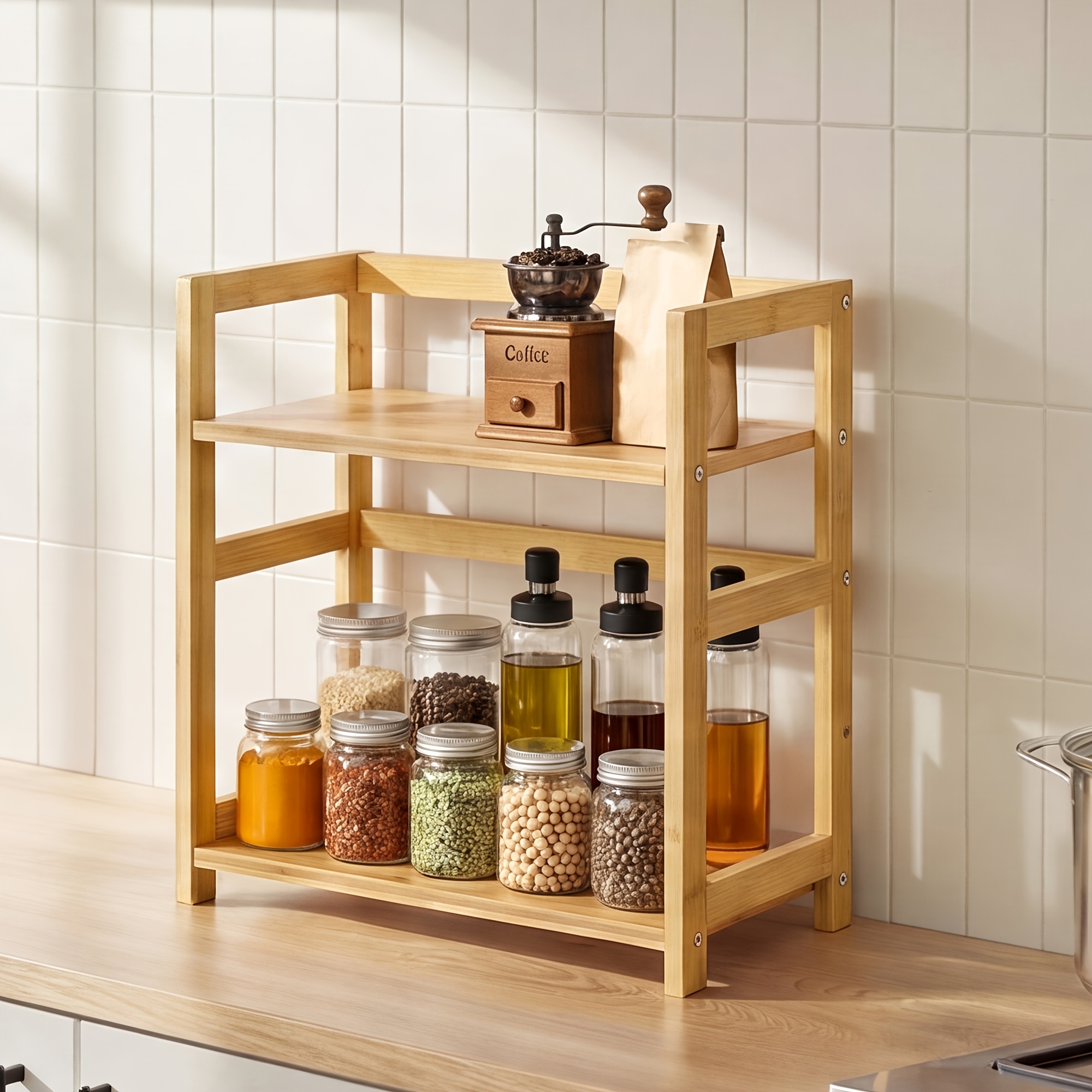 Image of Spice Rack 2 Levels Made Of Bamboo And Mdf, Kitchen Shelf Standing, 41 X 18.6 X 41cm