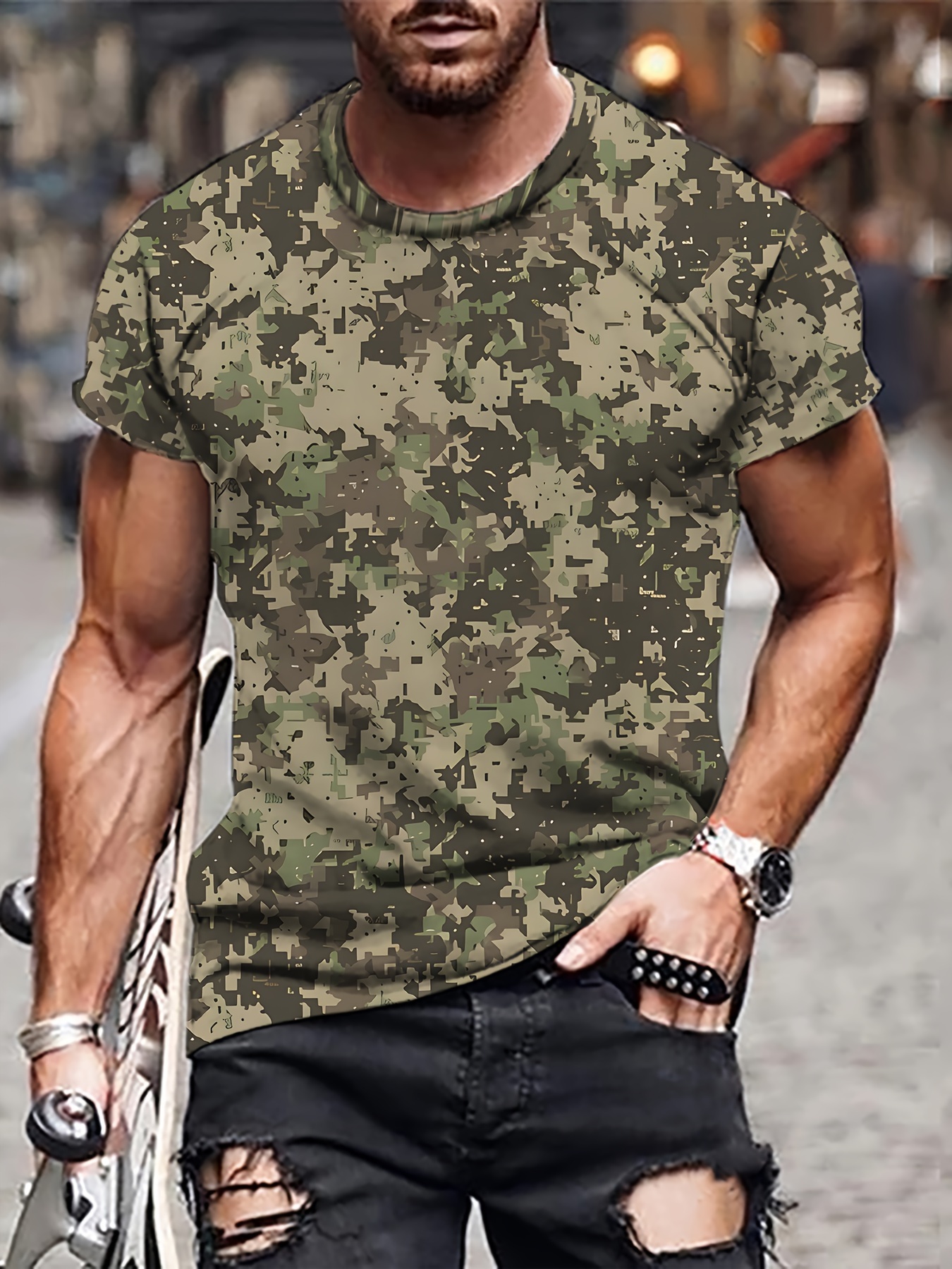 Men T-Shirts Slim Fit Lightweight Camouflage Pullover Tops Outdoor Hiking  Shirts
