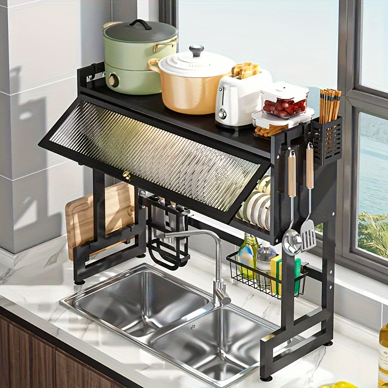 1pc escurridor de platos sobre el fregadero, estante de almacenamiento de metal de 3 niveles, organizador que para platos, vasos, tazones y cubiertos, y negro, en el piso, de estante de cocina multiusos, estantes de públicos detalles 9