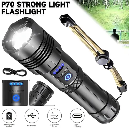 p70 high power flashlight led rechargeable torch telescopic zoom 7 for camping hiking emergency use