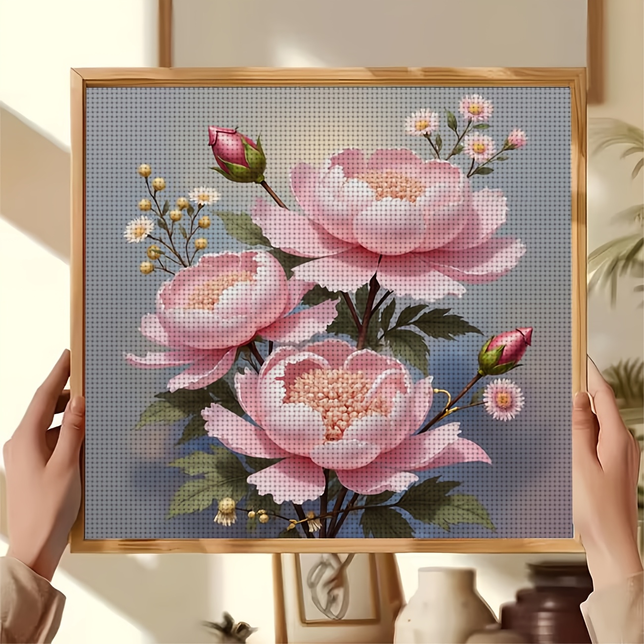 Cross Stitch Printed Kit, Pink Peony and Flower Buds Pattern