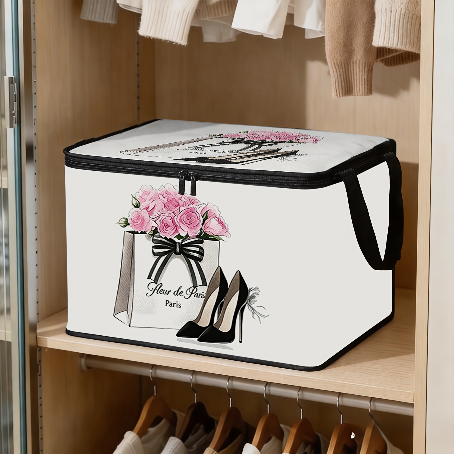TEMU . Aufbewahrungsbox für Kleidung mit großem Fassungsvermögen, Aufbewahrungstasche mit gedrucktem Blumenmuster für High-Heel-Schuhe, faltbare