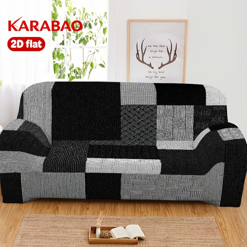 TEMU 1pc Black, White, And Gray Geometric Texture Full-coverage Stretch Sofa Slipcover, Modern Minimalist Style Suitable For Various Sofa Styles,