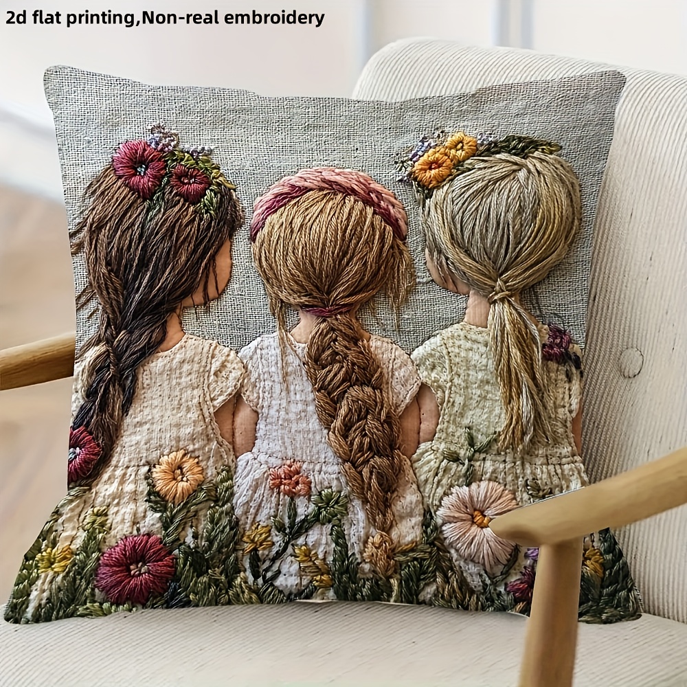 TEMU 2d Flat Printing, 1pc Soft Comfortable Short Plush Single-sided Printed Pillowcase Non-real Embroidery, 3 Little Girls Design - Pastoral Style