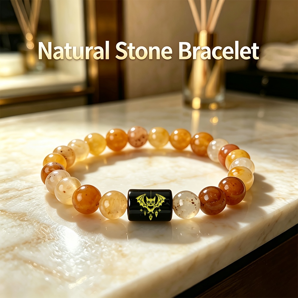 Natural Agate Stone Beaded Bracelet with Whimsical Bat Charm