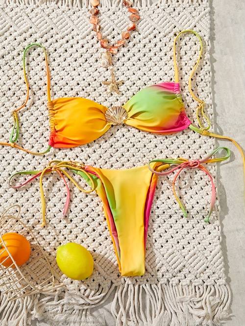 sexy gradient color metal shell decorated beaded tie up swimsuit spaghetti strap medium stretch lace up detail for women