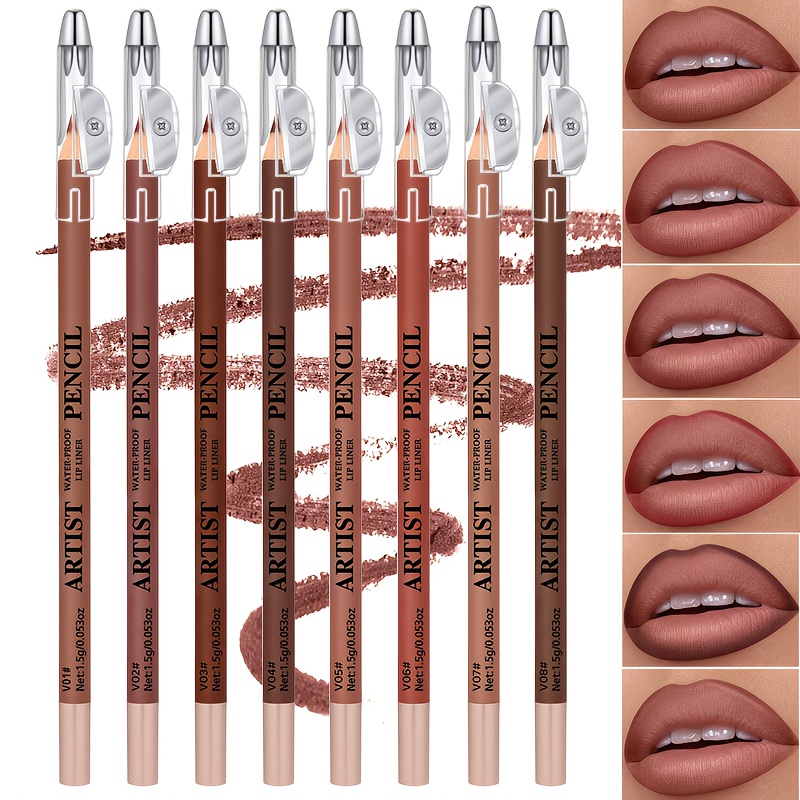 8-Color Velvet Matte Lip Liner with Sharpener, High- Waterproof Cream Pencils for Define & Fill, Long-Lasting Non-Smudging Natural Nude Brown Shades