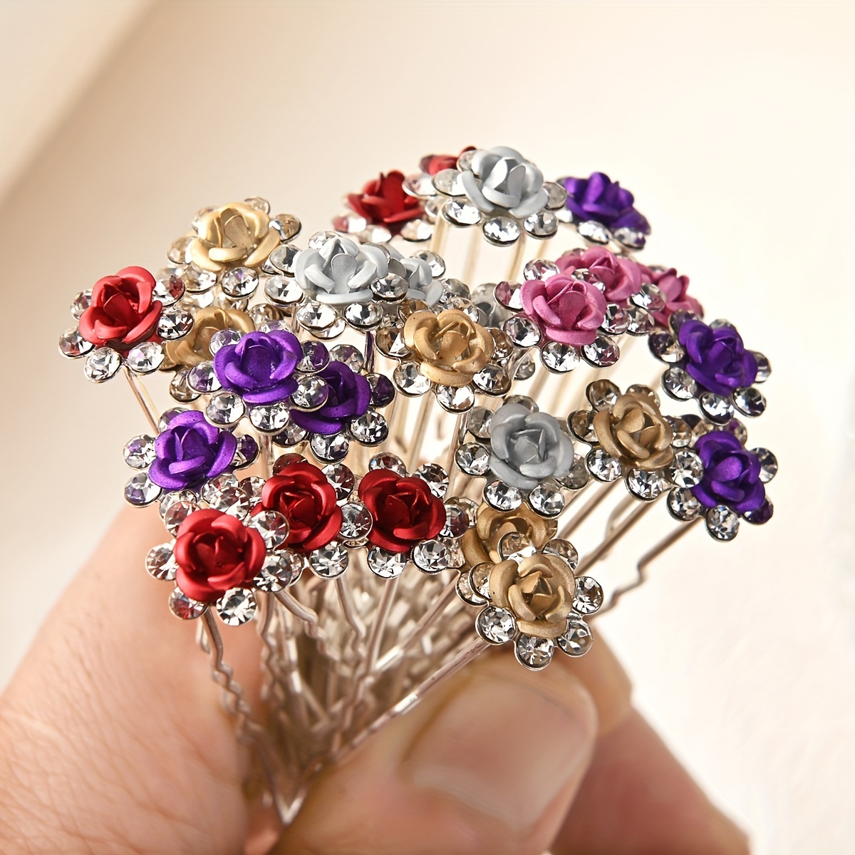 

20-piece Elegant U-shaped Hair Clips Set With Sparkling Rhinestones & Colorful Roses - Perfect For Bridal & Everyday Hairstyles