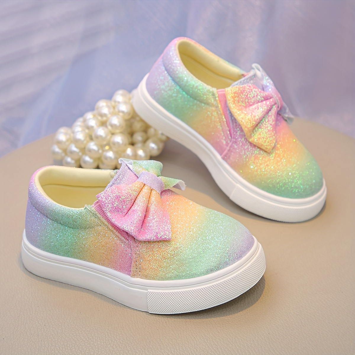 girls sparkly rainbow glitter slip sneakers bow detail soft Temu