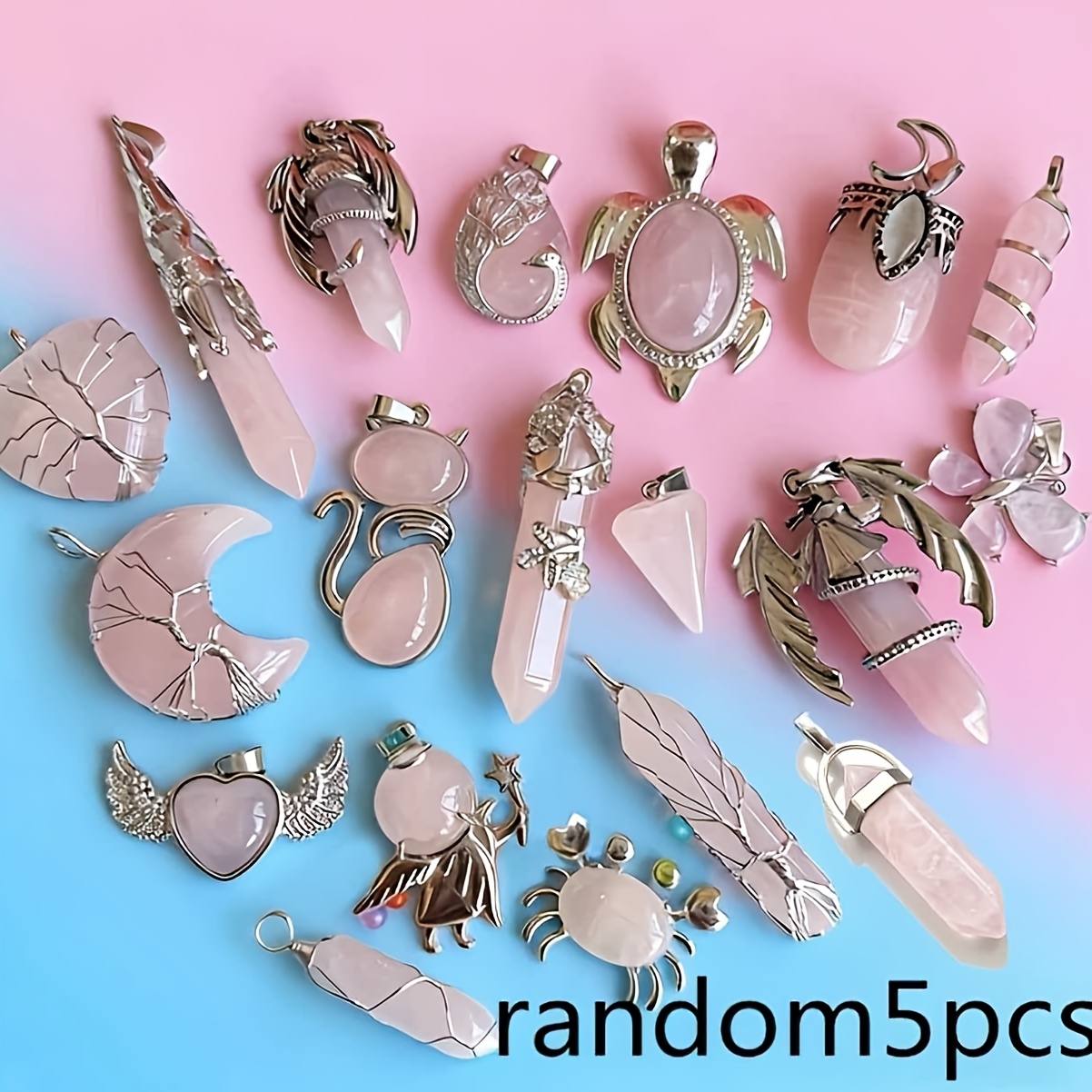 TEMU 5pcs Quartz Pendant Set, Diy Handmade Gift, Assorted Styles And Shapes Including Moon, Cat, Heart, And , Suitable For Accessories. Rose Quartz