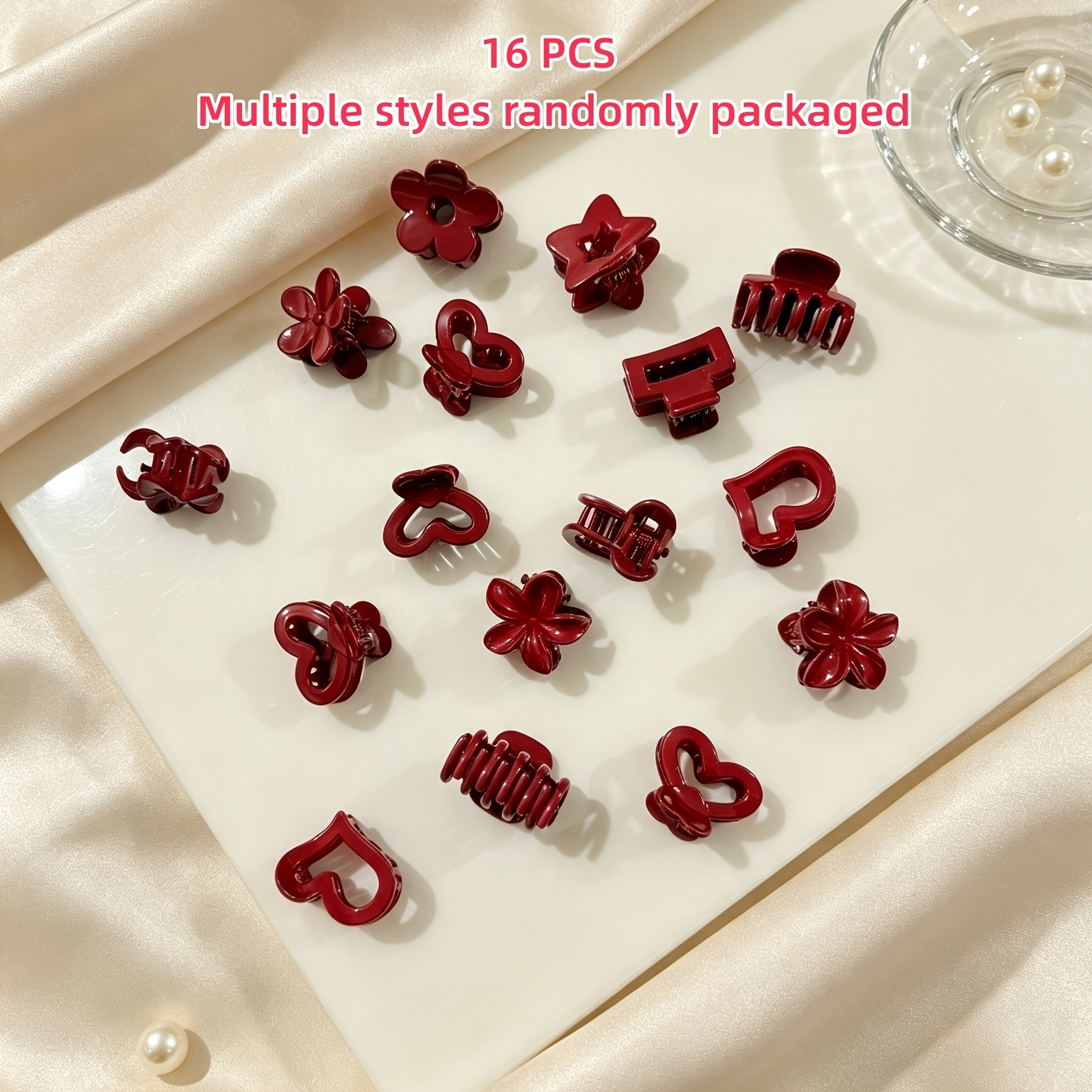 TEMU Lot de 16 pièces emballées dans divers styles, incluant la série Fleur Rouge, petite pince de cœur, pince latérale pour femme, pince à frange,