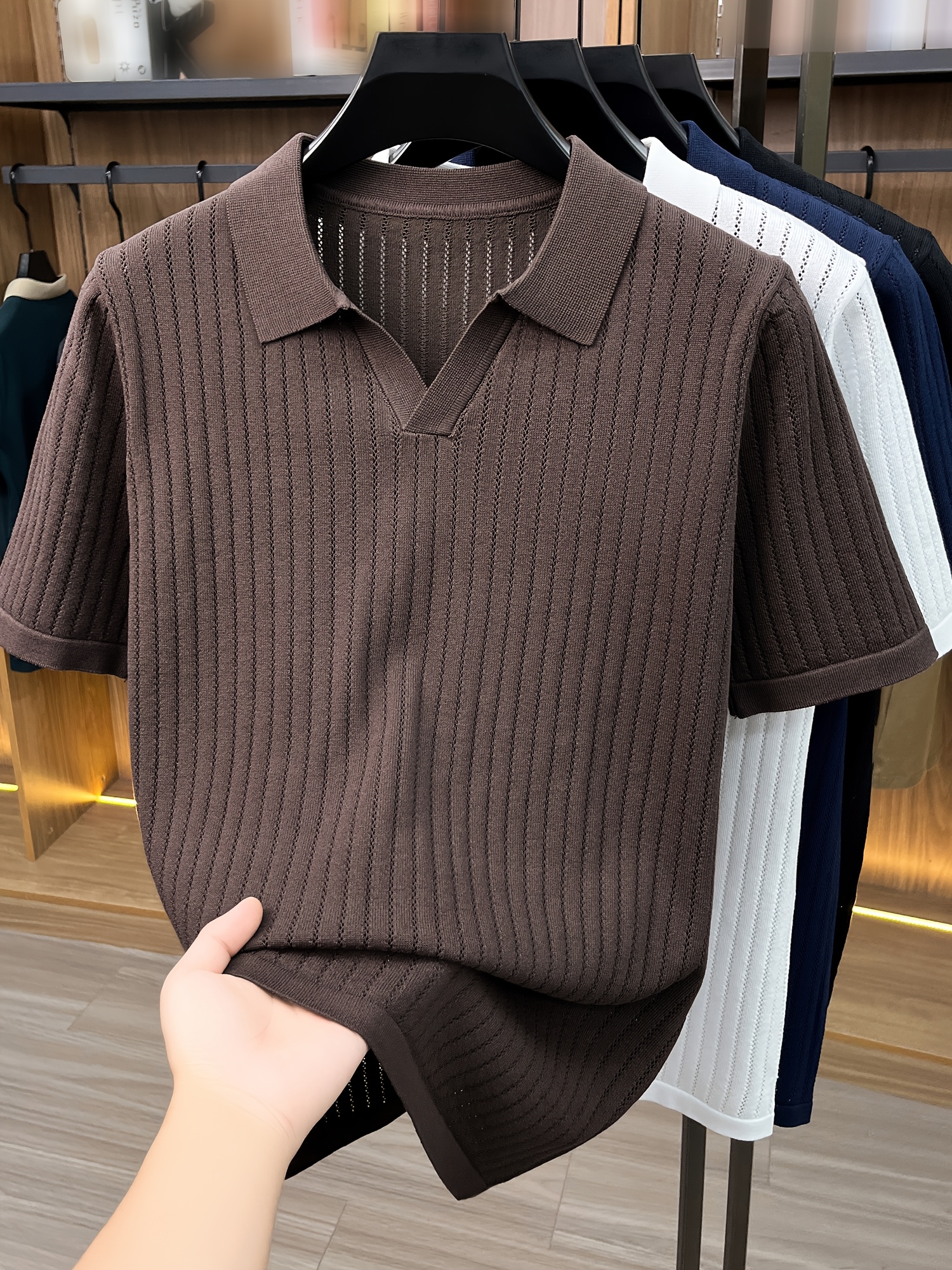 mens breathable knitted shirt short sleeve half   lapel collar with openwork solid color plaid suitable for business casual golf outdoor wear base layer tunic top for spring summer layering piece