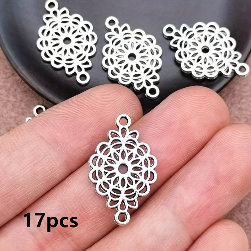 17pcs Beautiful Hollow Flower Charm Connector Pendant, Bohemian Style Jewelry Accessories, Handmade Making Bracelet, Necklace, Earring Accessories 15*25mm