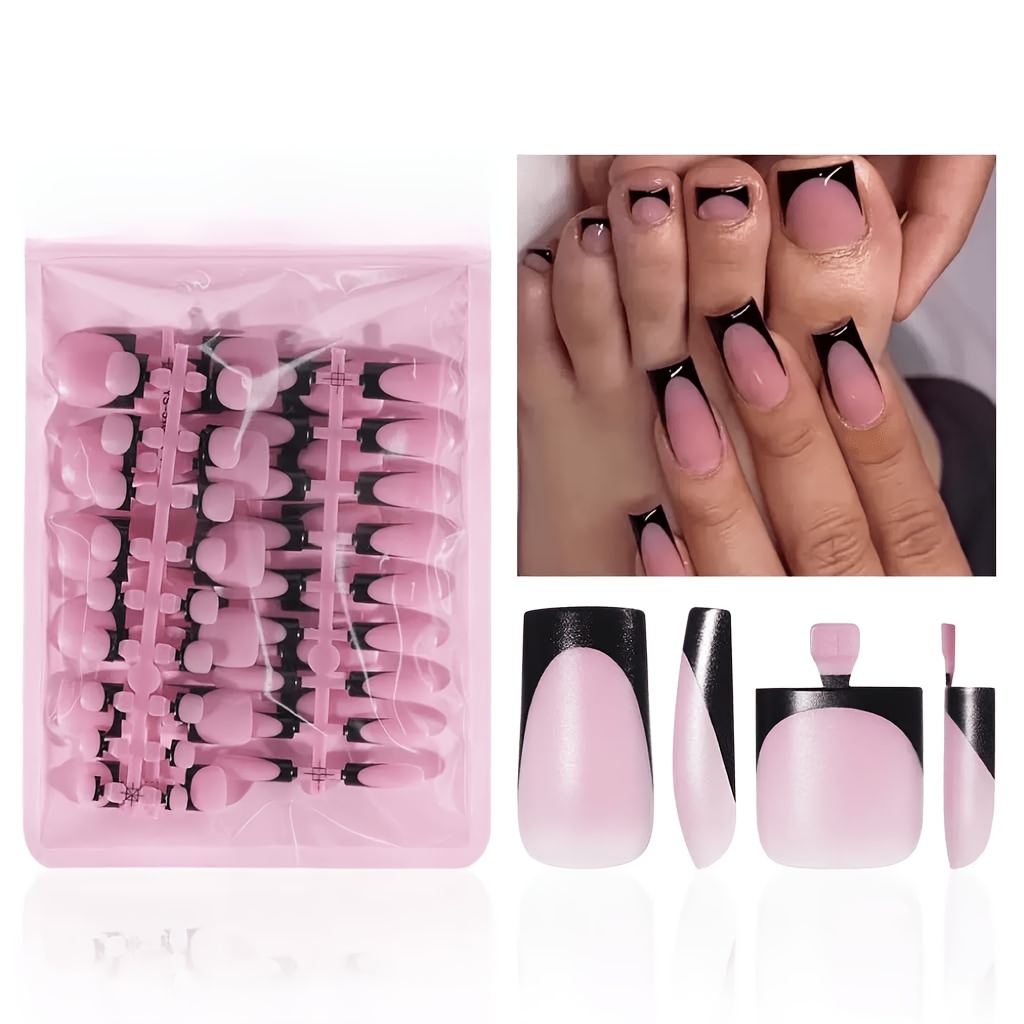 TEMU 48pcs Set Of Black French Manicure And Pedicure Nails, Featuring Solid Color Short False Toenails, Rectangular Fake Nails, Glossy Fake Toenails,
