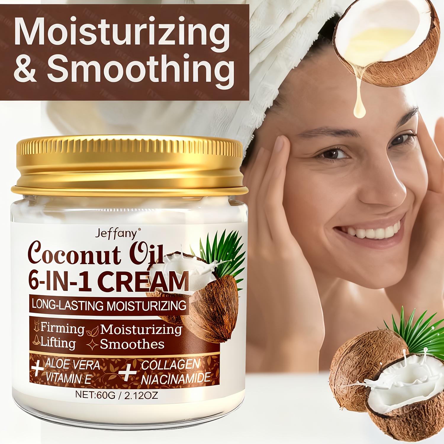 Cremă 6-În-1 cu Ulei de Cocos - Cremă Hidratantă 72 de Ore pentru Față, Corp și Gât, Conținând Aloe Vera, Colagen, Niacinamidă, Vitamina E, Hidratare Profundă și Hidratare, Hidratează Pielea, Lifting și Fermitate, Hidratare de Lungă Durată
