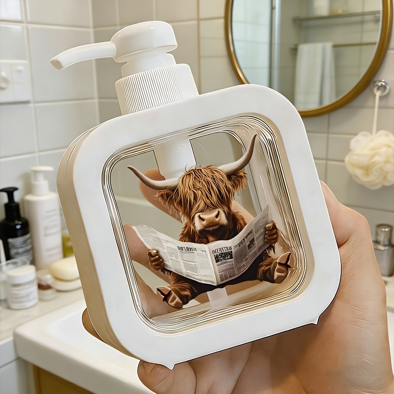 TEMU 1pc, Home Bathroom Dispenser, Soap Lotion Pump Bottle With Highland Cow Reading Newspaper Pattern, Manual Pump Refillable Bottle, Made Of Sturdy