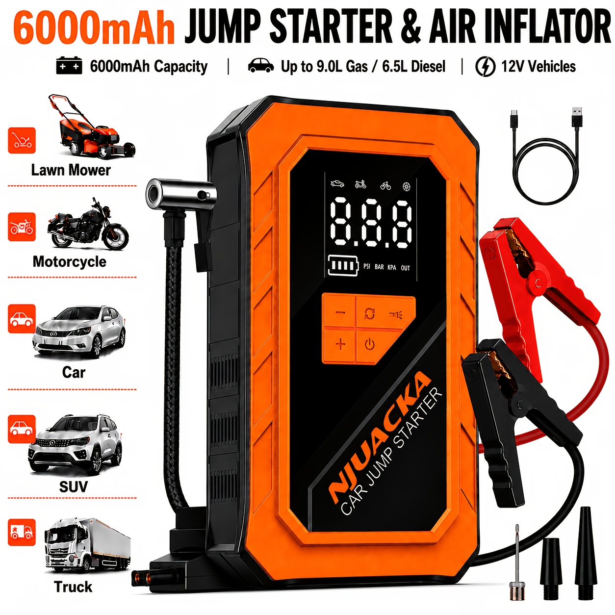 TEMU 15000a Portable Car Jump Starter With Air Compressor, 150 Psi Digital Tire Inflator, High-performance Pump, Portable Car Battery Charger, Led