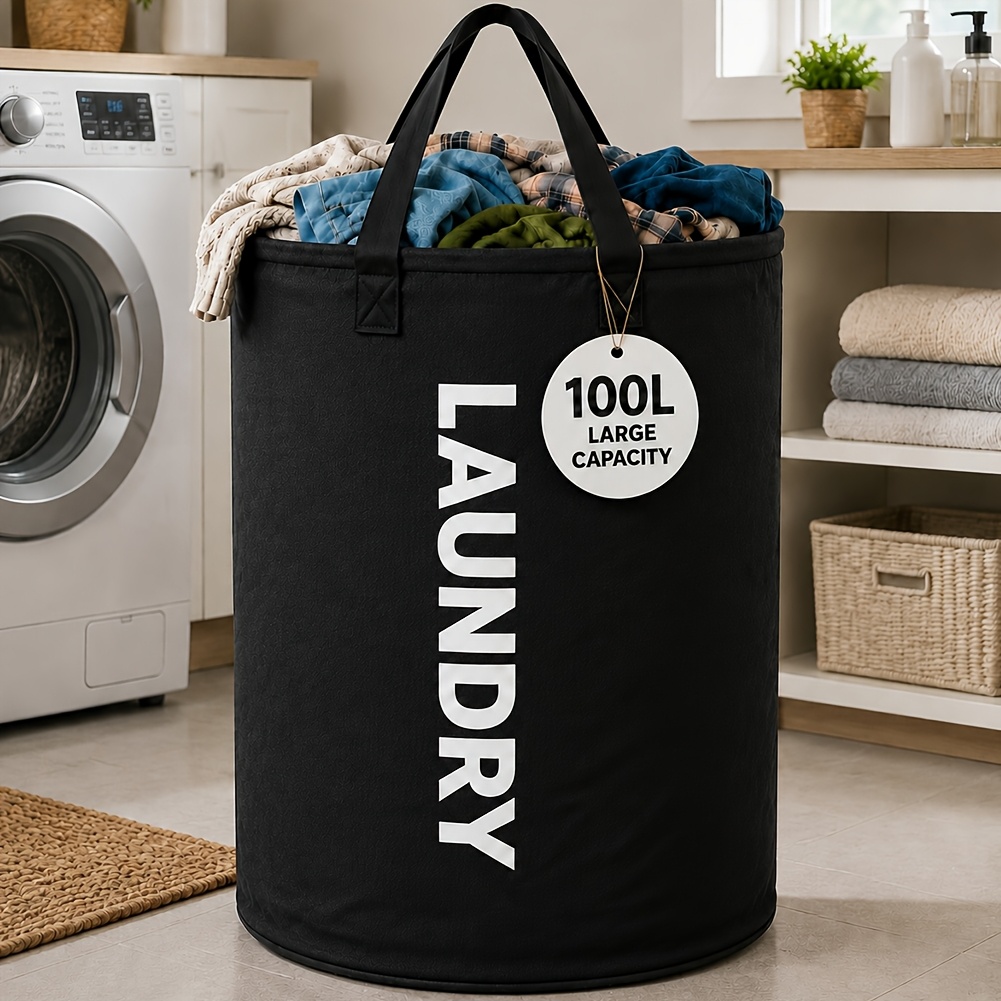 TEMU 1/2pcs 100l Extra Large Laundry Basket, Freestanding Laundry Hamper With & Webbing Handles, 600d Oxford Fabric Clothes Organization And Storage