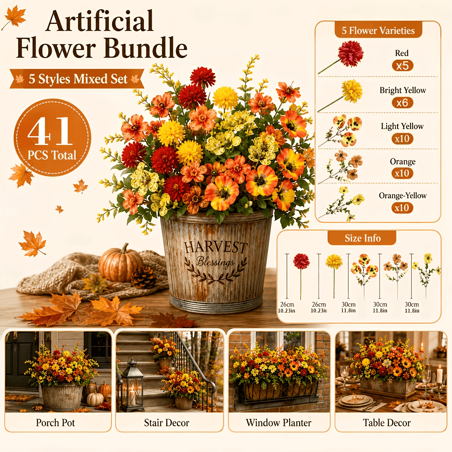 TEMU 41pcs High-end Autumn-colored Artificial Ball Chrysanthemum Bouquet With Pansies And Violets, Yellow, Orange, And Wine Red , Dense Orange-leaf