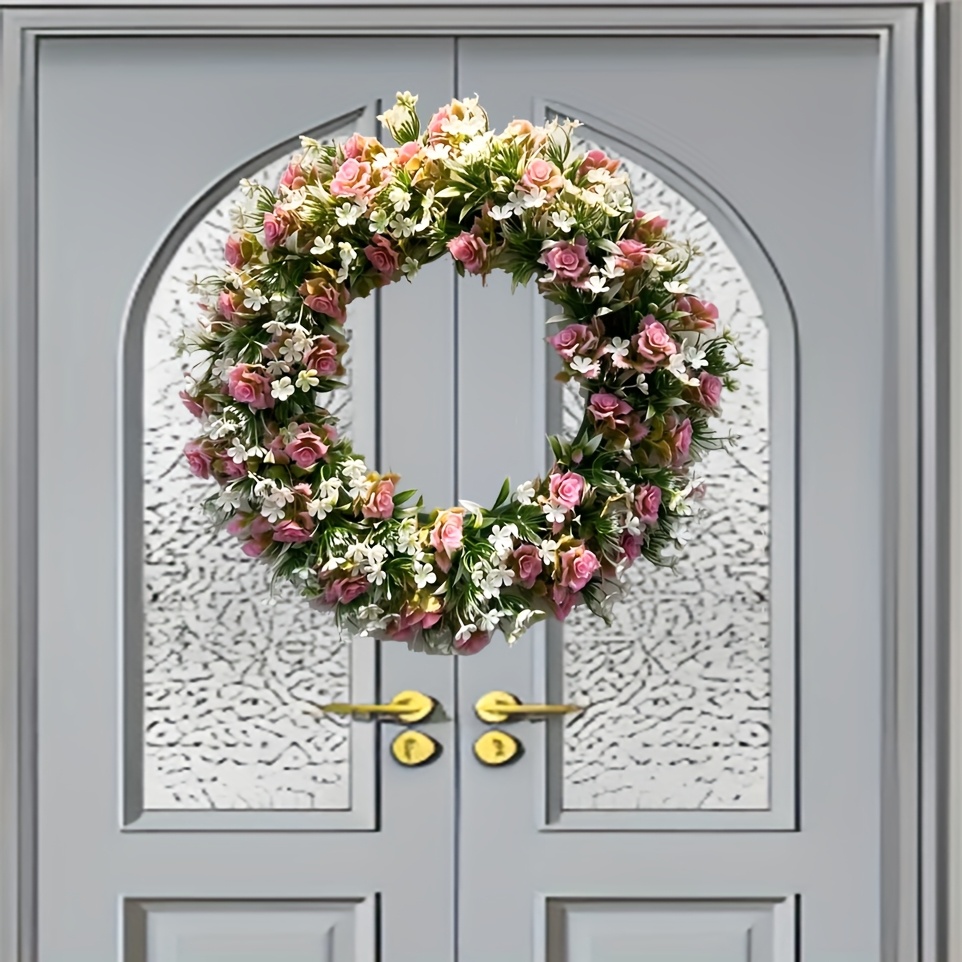 1pc Elegant White Cherry & Pink Wreath With Wall-mountable Loop - Realistic Door Hanger Suitable For Weddings, Home, Christmas, Valentine's, Mother's Day - Plastic Foliage & Flower Decor
