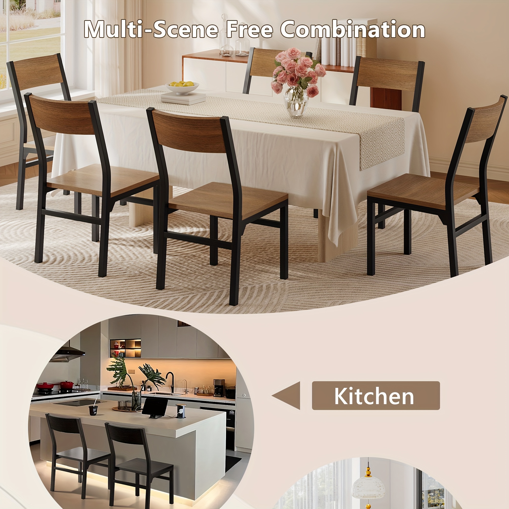 6pcs Modern Dining Chairs Modern Mid-Century Style Dining Room Decorative Chairs, Comfortable Side Seats Without Armrests, MDF Wood Planks with Metal Legs Design, Suitable for Home Kitchen, Bedroom, Living Room, Guest Dining Room