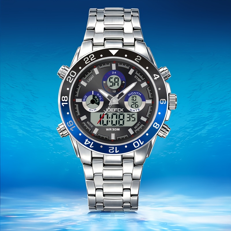 TEMU Montre de pour homme d'inspiration vintage, à double affichage à quartz avec chronographe, alarme et date, bracelet en acier inoxydable, boîtier