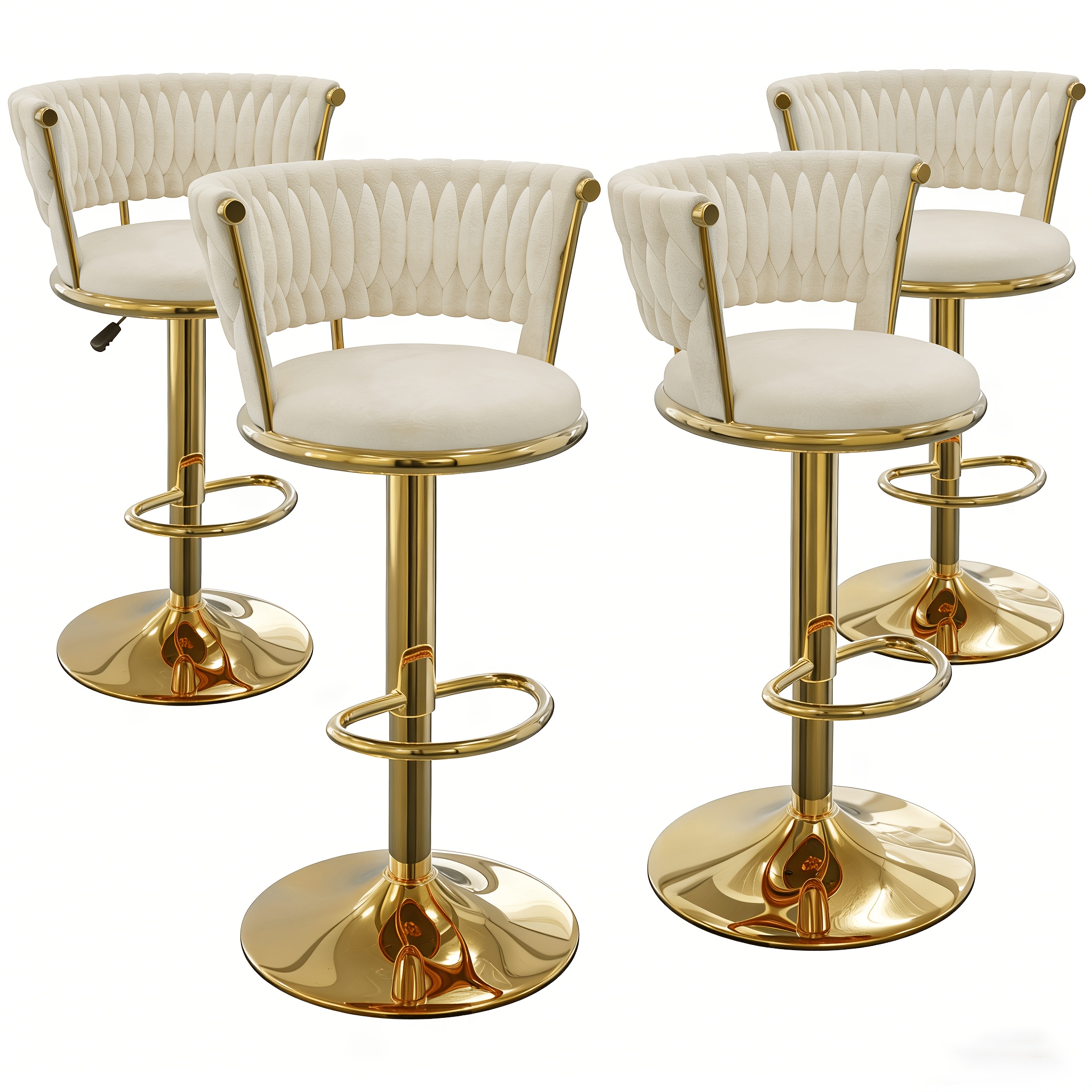 Commercial Stool Set Of 4, Luxury Velvet Upholstered Woven Kitchen Island Stools, Commercial Heavy Duty Adjustable Kitchen Stools With Footrest For Cafe, Pub 38x38x88-100cm