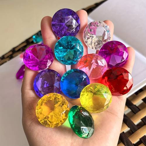 a set of large acrylic synthetic gemstones in diamond shapes featuring 6pcs with a diameter of 1 57 inches and 12pcs with a diameter of 1 18 inches colorful imitation stones are perfect for pirate parties birthday decorations