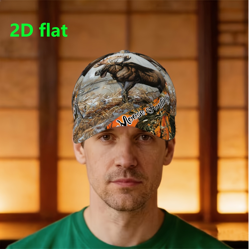 TEMU Moose Hunting With Moose Print - Adjustable Curved Brim Baseball Hat, Fits Most, Unisex For &, Lightweight Suitable For Outdoor, Streetwear,