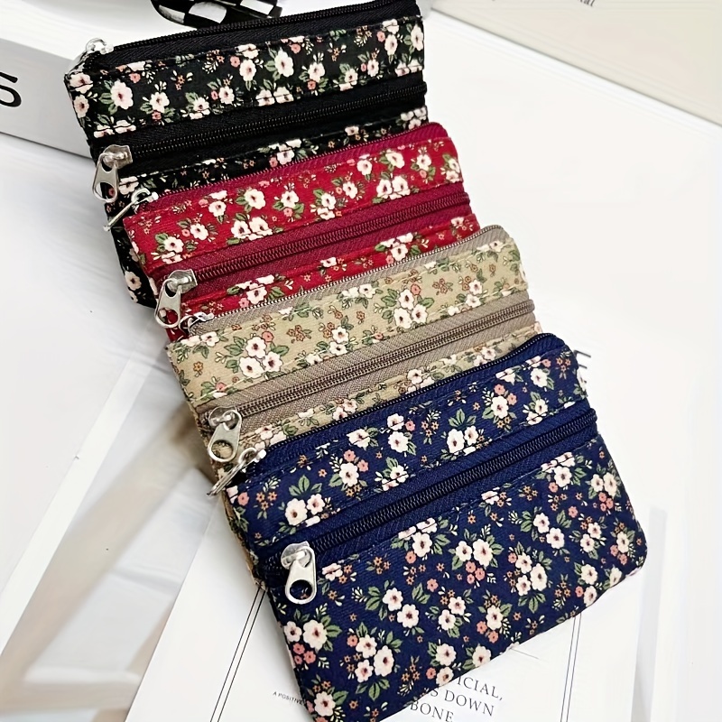 

4pcs Set Floral Canvas Coin Purses - Chic Style, Zippered Clutch Wallets With Key Holder For Women