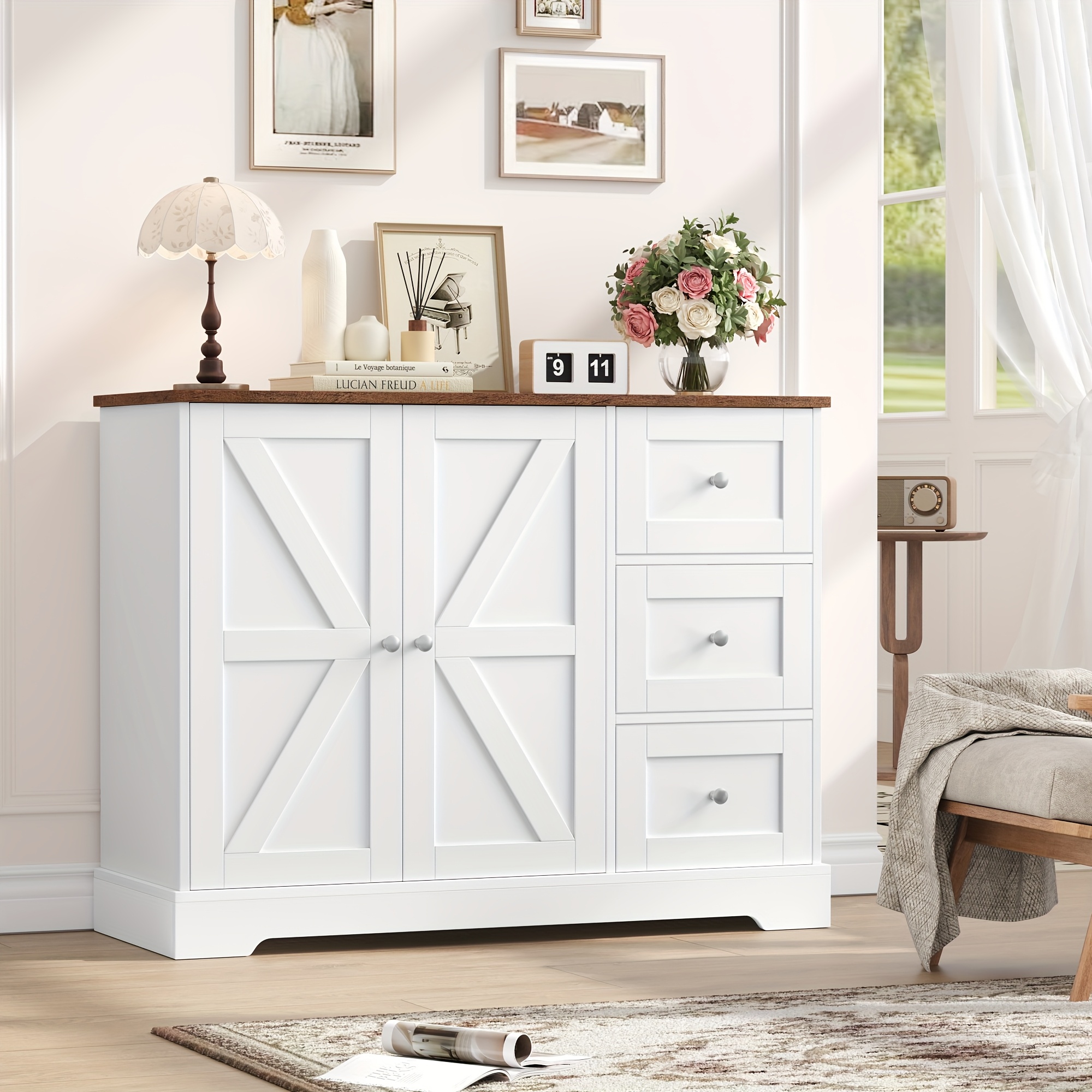 E-shop Kealive Sideboard, Küchenaufbewahrungsschrank mit Arbeitsplatte, Buffetschrank mit 3 Schubladen und 2 Türen für Küche, Esszimmer, Wohnzimmer,