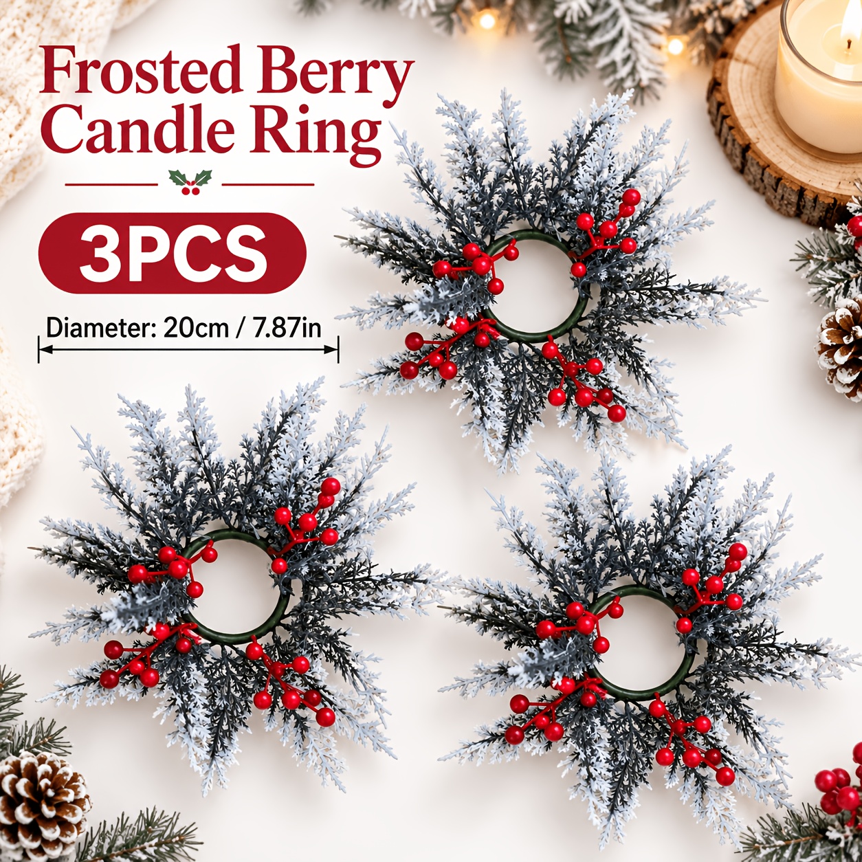 TEMU 3pcs Christmas Candle Wreaths, Artificial Pine Branches With Red Berries, Snow-covered Foliage A Rich Winter Atmosphere, Center Used With Cup