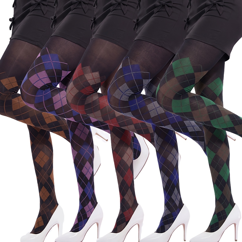TEMU 5-pair Women's British Style Checkered Pantyhose Stockings - Suitable For , High Breathable Seamless Tights With Thigh-high Length, Suitable