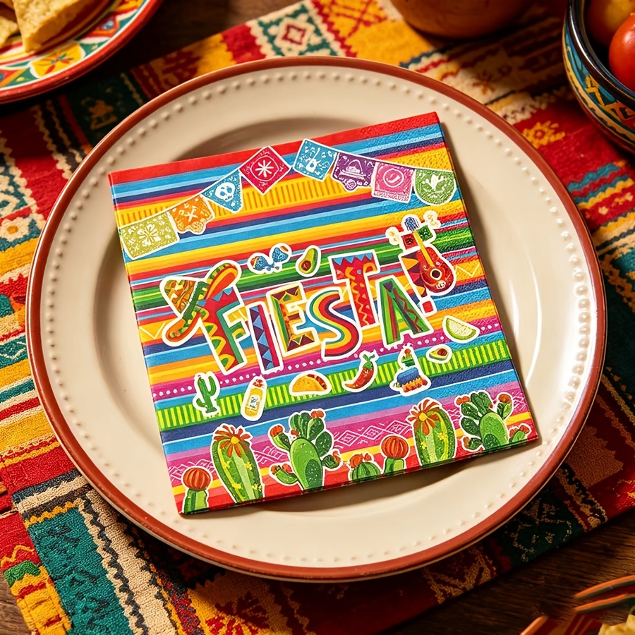 TEMU Servilletas de temáticas de carnaval , paquete de 20 piezas, con rayas coloridas, cactus y patrones de sombrero. Ideales para arreglos de mesa,