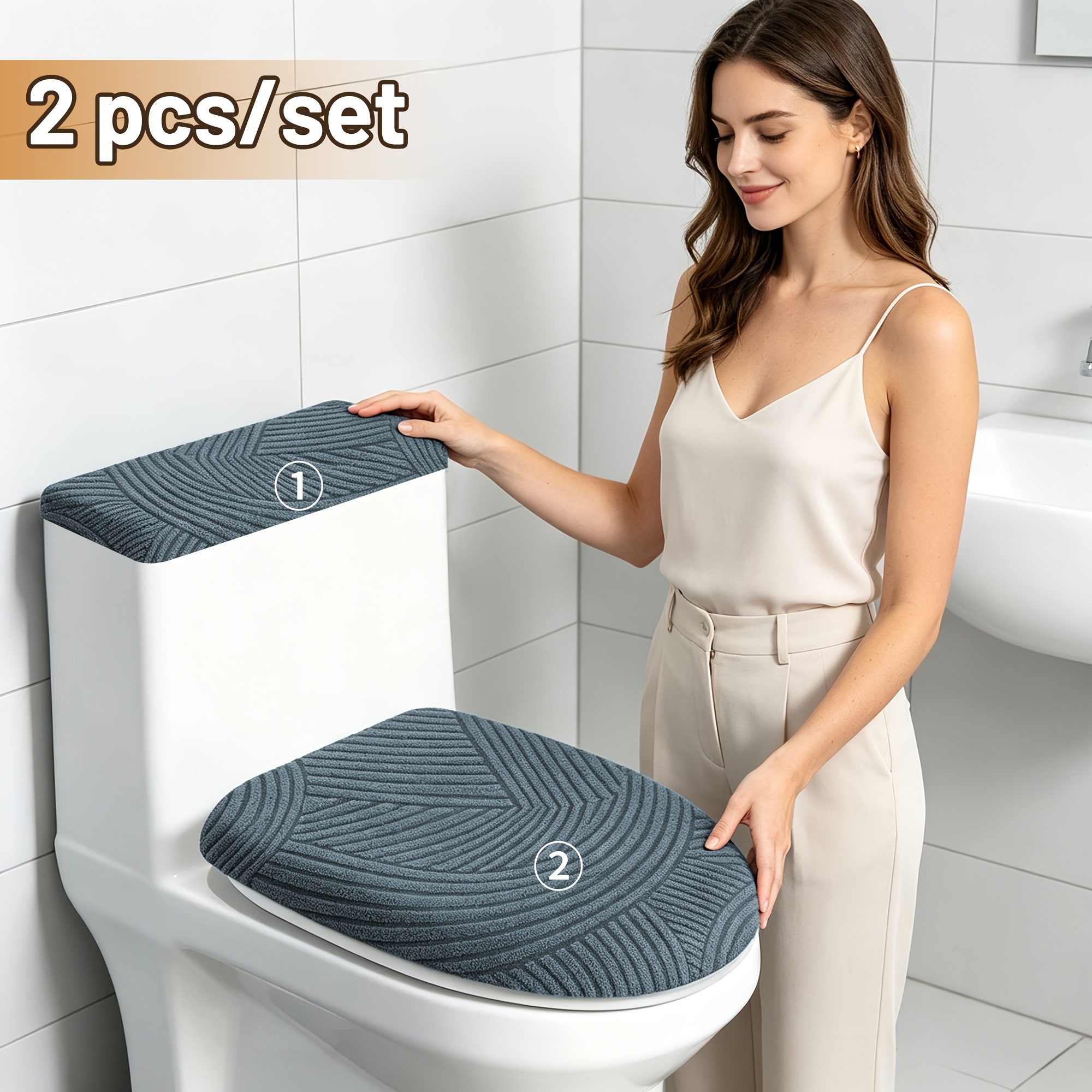 TEMU 2pcs Set Stretch Toilet Cover, Toilet Seat Cover And Tank Cover, Elastic Fabric Toilet Cover Set, Suitable For Bathroom Toilets, , Machine