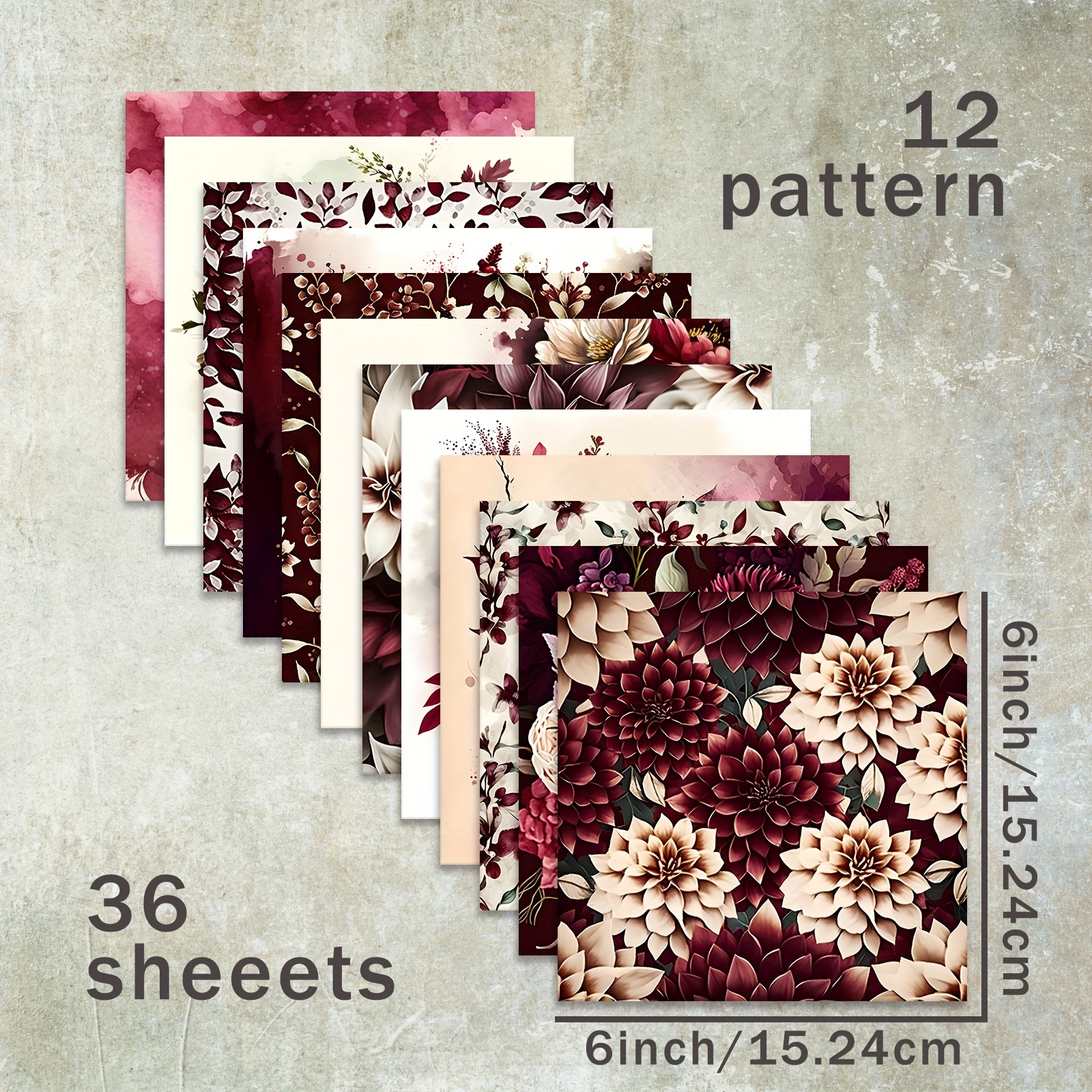 E-shop 36 Blatt 6-Zoll Papier (Dunkelrotes Blumenmuster Hintergrund) Geeignet für Journal Junk Journal Grußkarten Hintergrund Album und Bastelarbeiten