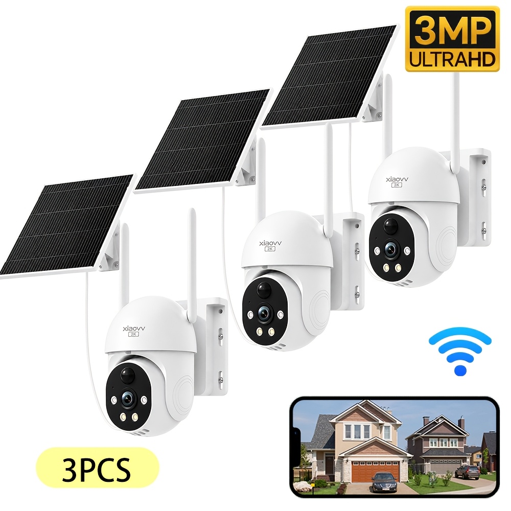 Xiaovv 3pcs 3mp Solar Outdoor Security Camera, Wifi Camera, 355° Ptz Rotation, With Motion Detection, Humanoid Detection, Color Night Vision, Voice Alarm, Suitable For Outdoor Environment, .