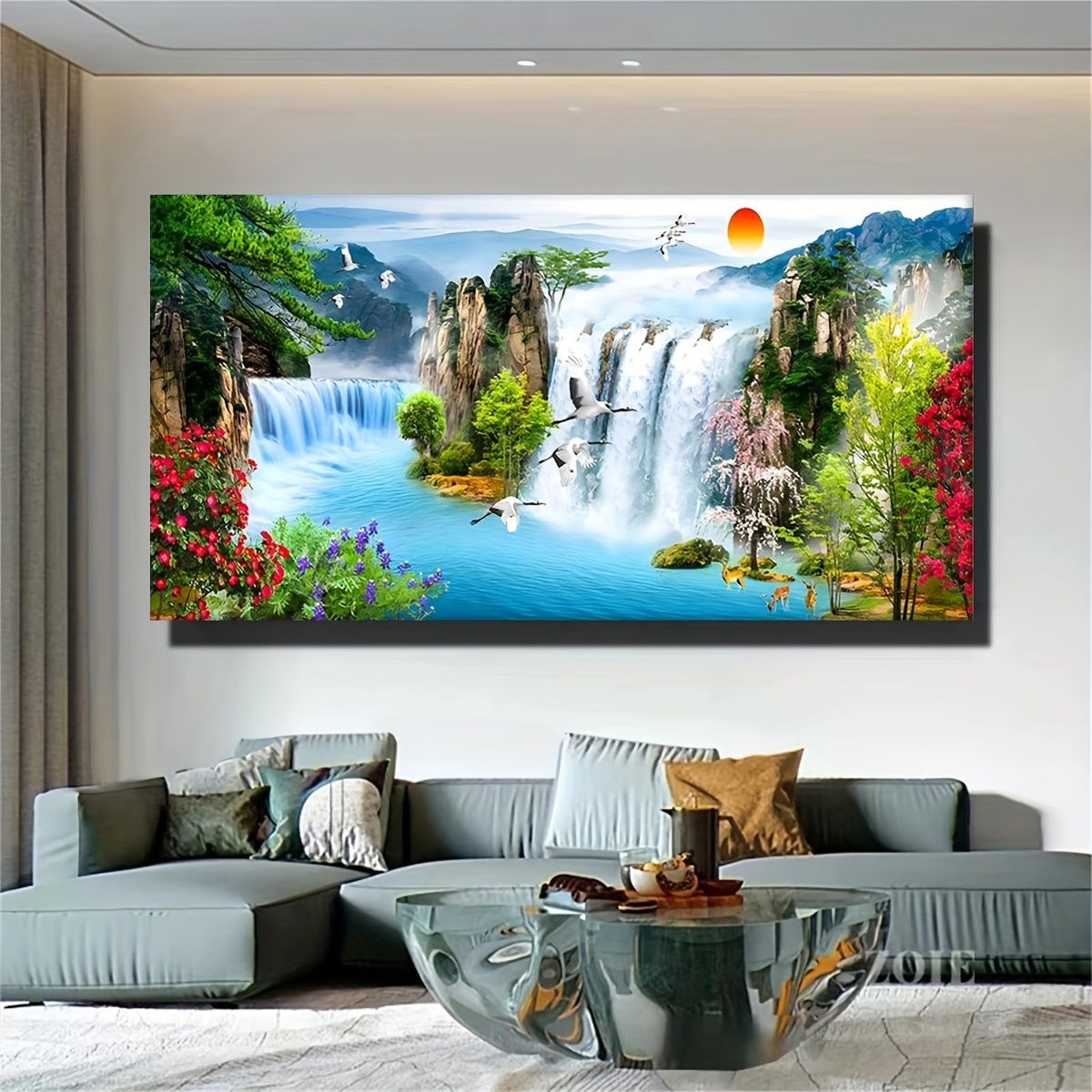 

1pc Unframed Waterfall Sunset Landscape Canvas Painting, Lake Bird Posters And Prints, Forest Wall Art Picture, For Living Room Decor, Frameless Canvas