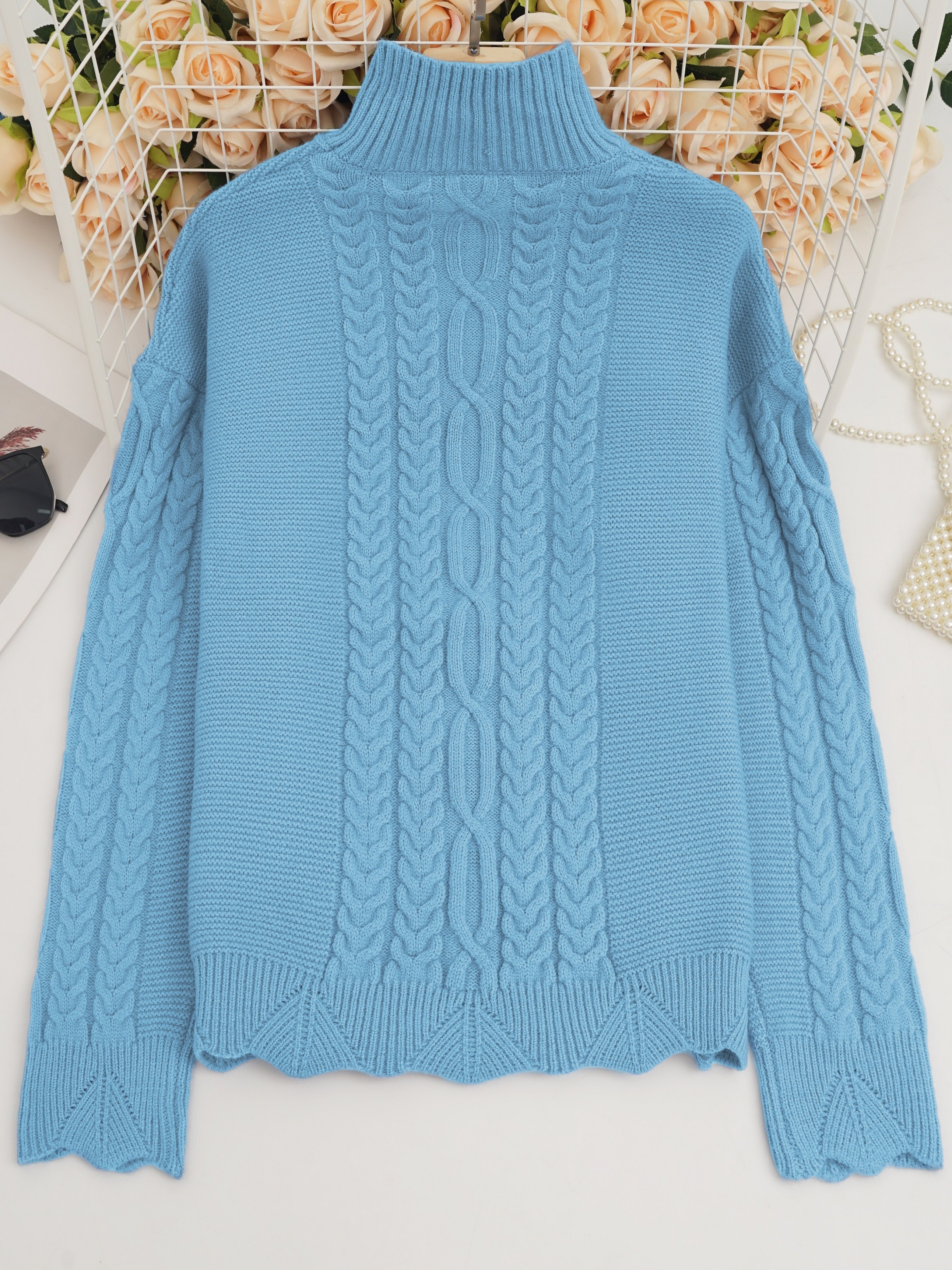 womens casual solid color cable high neck sweater soft Temu